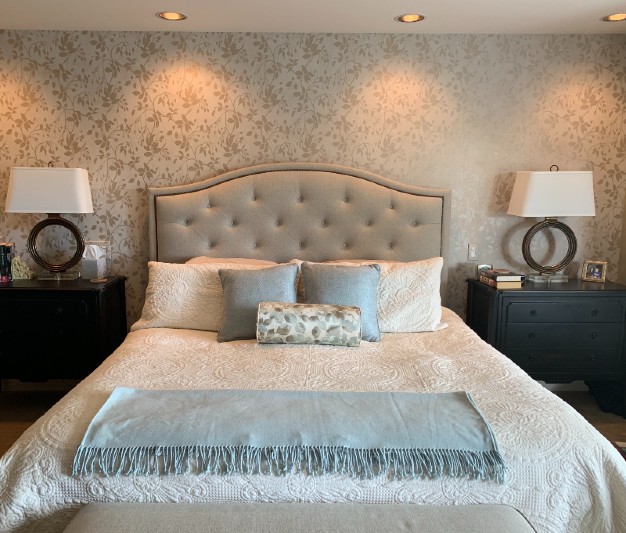 White and light blue bedding Master Bedroom Redesign